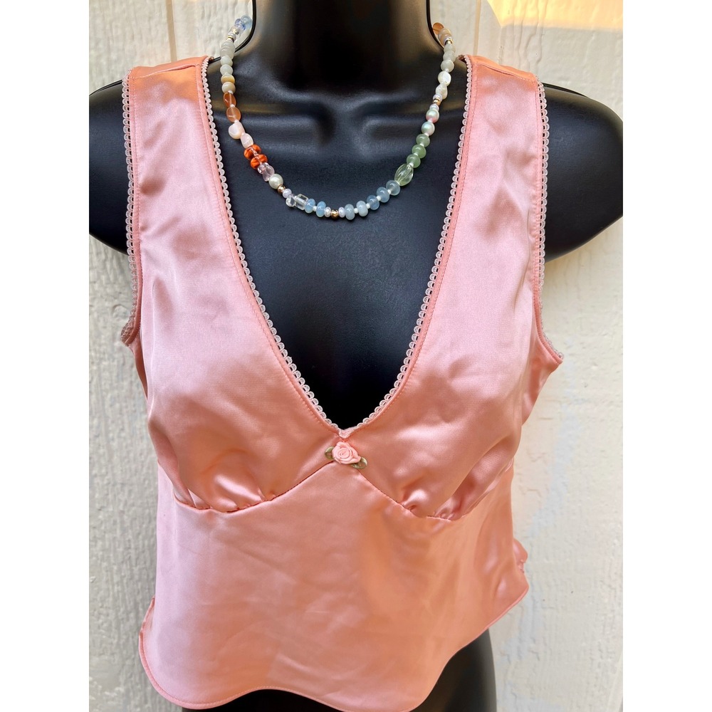 Vintage Style XS Peachy Pink Satin Cropped Camisole Lace Trim Rosebud Fairy Top